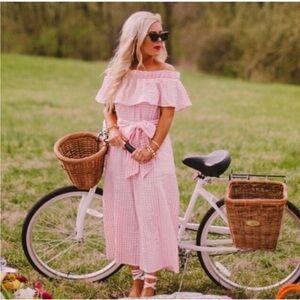 Elizabeth Wilson Designs off the shoulder romper in Pink Gingham